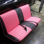 1957 plymouth savoy front bench redo in black and pink. White and pink 2 color pinstripe stitching.